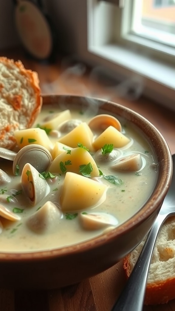 A hearty bowl of clam chowder with potatoes and clams, garnished with parsley, beside bread in a cozy kitchen.